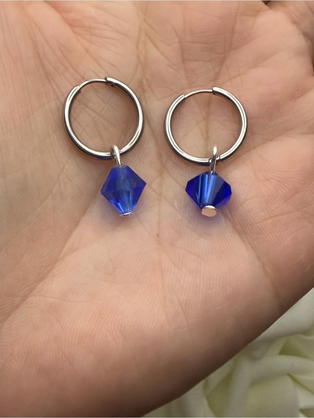 Silver Hoop Earrings with Blue Crystal Dangles
